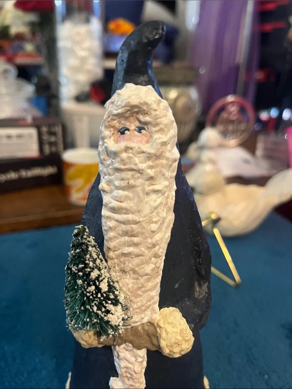 VTG Rustic Folk Art Blue Santa Figurine Holiday Decor - Classic Winter Santa 034